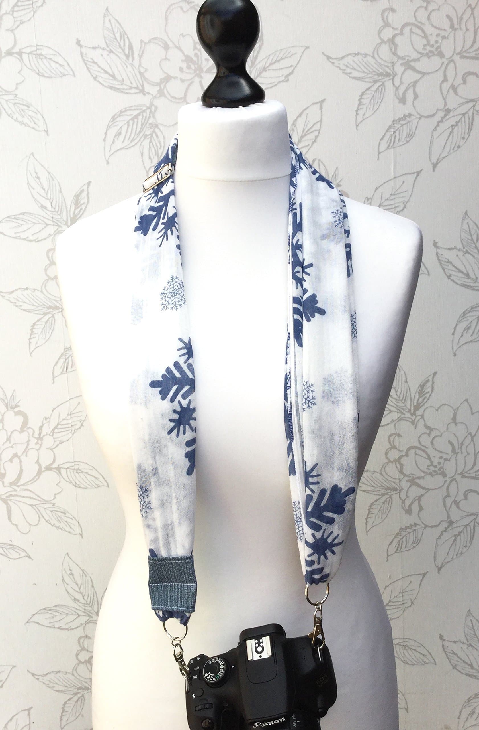 Snowflakes Camera Scarf Strap, Long Adjustable Scarf Strap, DSLR Camera Strap, Photographer Gift, Camera Accessory