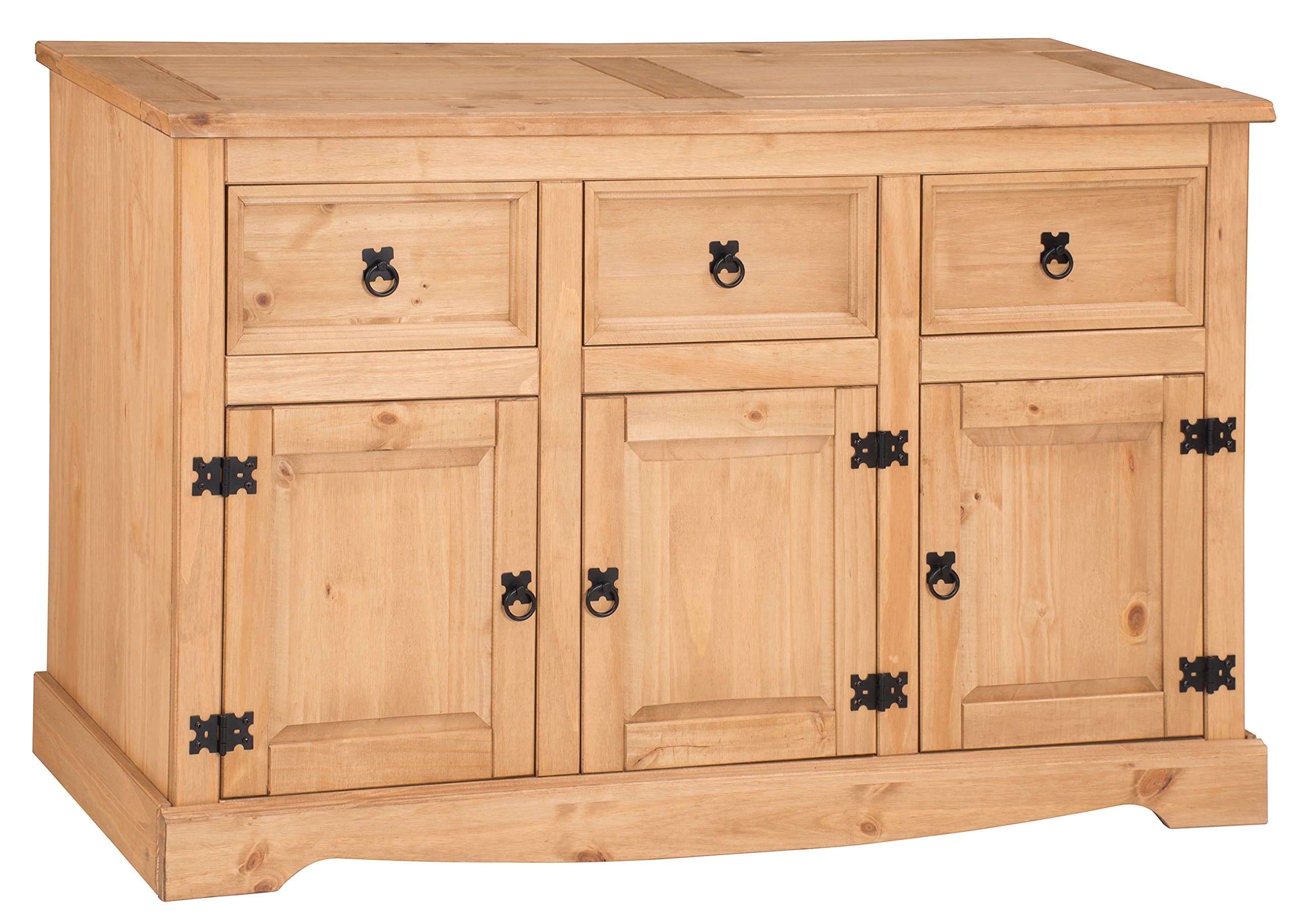 Corona 3 Door 3 Drawer Large Sideboard Wooden Solid Wood Pine Light Fiesta Wax Dresser Hallway Living Room Kitchen Dining Room Bedroom Side Unit Mexcian Style 76cm High 125cm Wide 40cm Deep