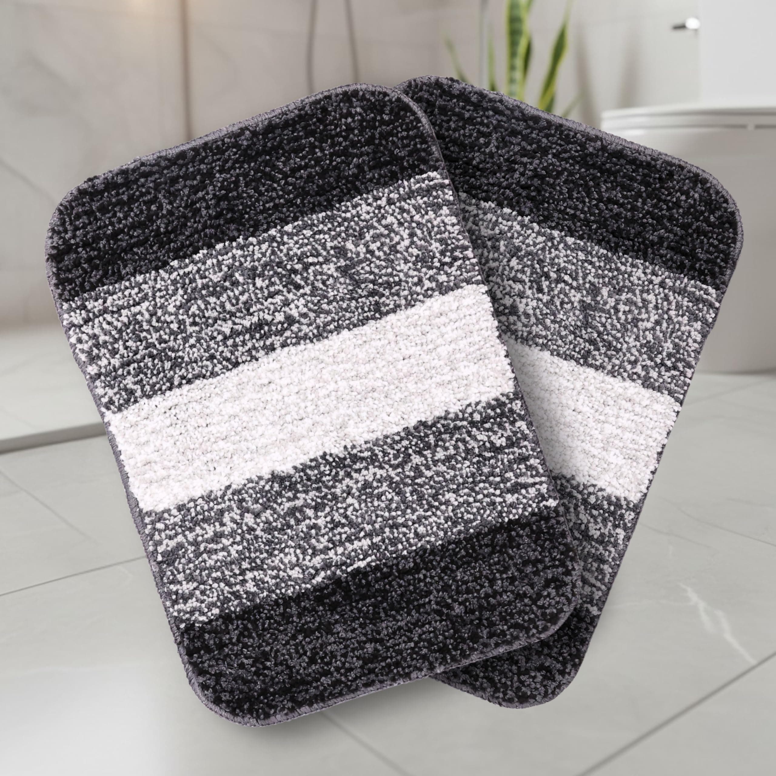 Saral Home Microfiber Striped Rectangle Shaped Anti-Skid Bath Mats | Soft & Super Absorbent Mats For Shower | Washable Non-Slip & Quick-Drying Mats 35X50 Cm | Pack Of 2 (Black)