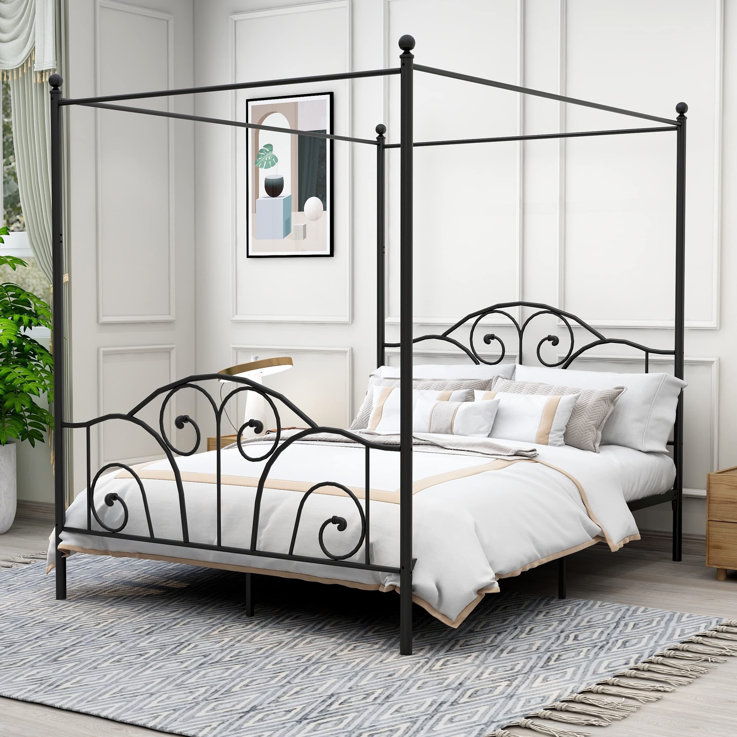 Queen Size Four-Poster Metal Canopy Bed Frame with Headboard and Footboard Sturdy Slatted Structure No Box Spring Needed Black