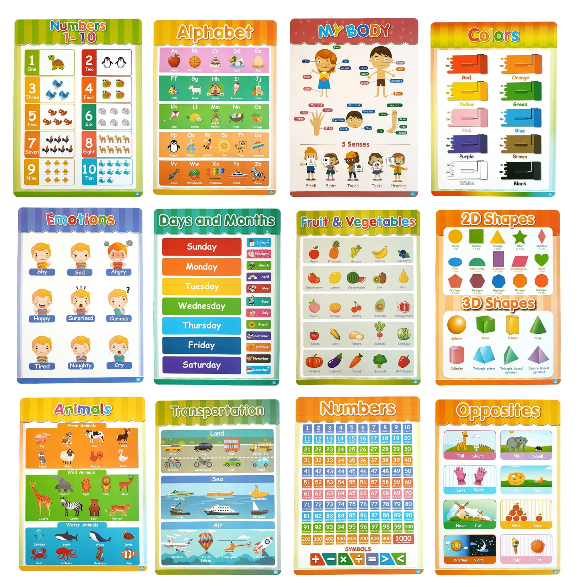 Educational Preschool Posters, Learning Charts Resources for Toddlers Set of 12 Posters Kids Learning Activities for Nursery, Home school, Kindergarten and Classroom.