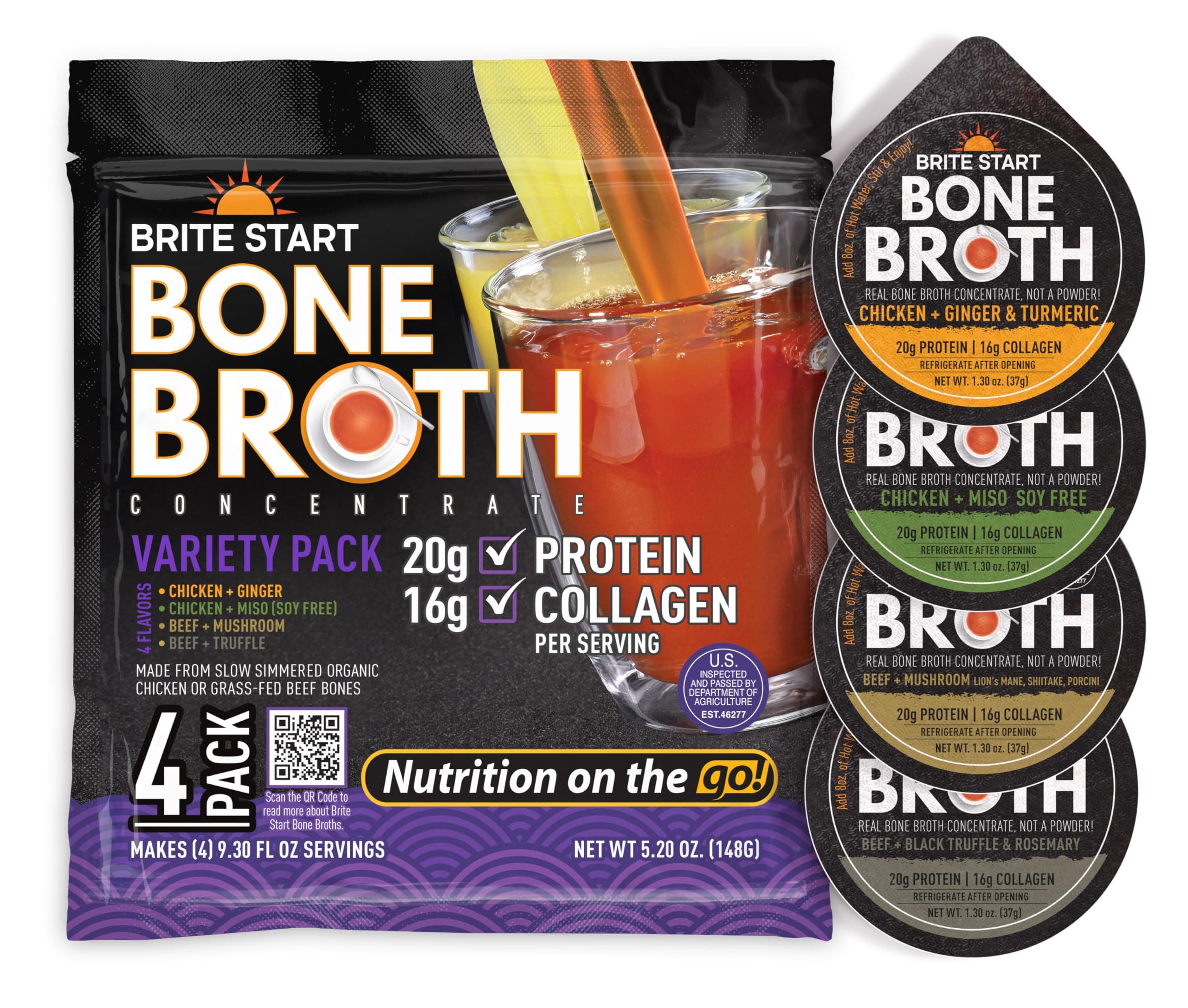 Bone Broth - Variety Pack - 4 Count - Keto Friendly Concentrate with 16g Collagen, 20g Paleo Protein - Made from Free Range Chicken Bones & Grass Fed Beef - Single Serve Packets
