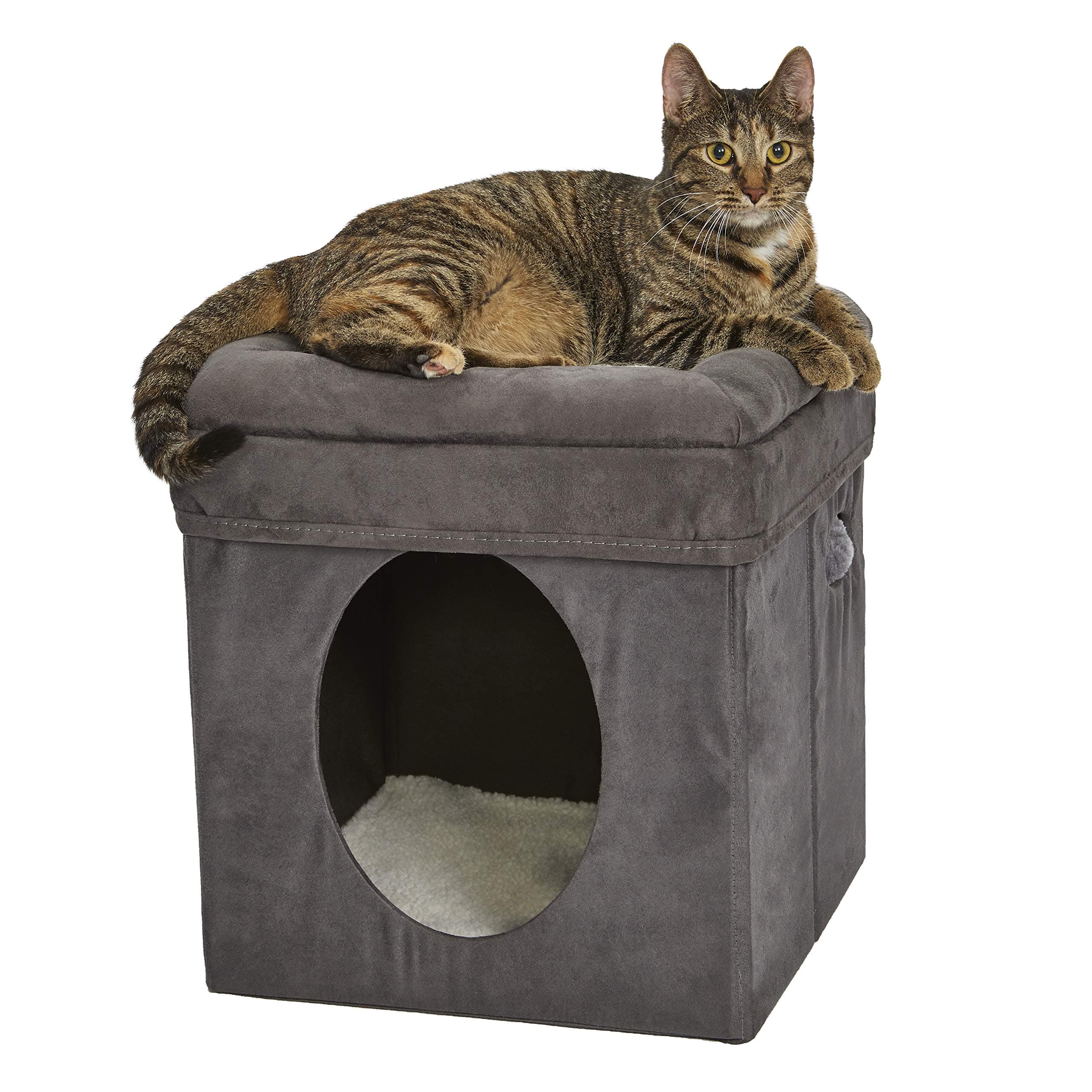 MidWest Homes for Pets Cat Cube, 15.5 x 15.5 x 16.6 Inches, Foldable Cat Hideout with Toy, Bolstered Bed Top, Faux Gray Suede, Synthetic Sheepskin Bedding