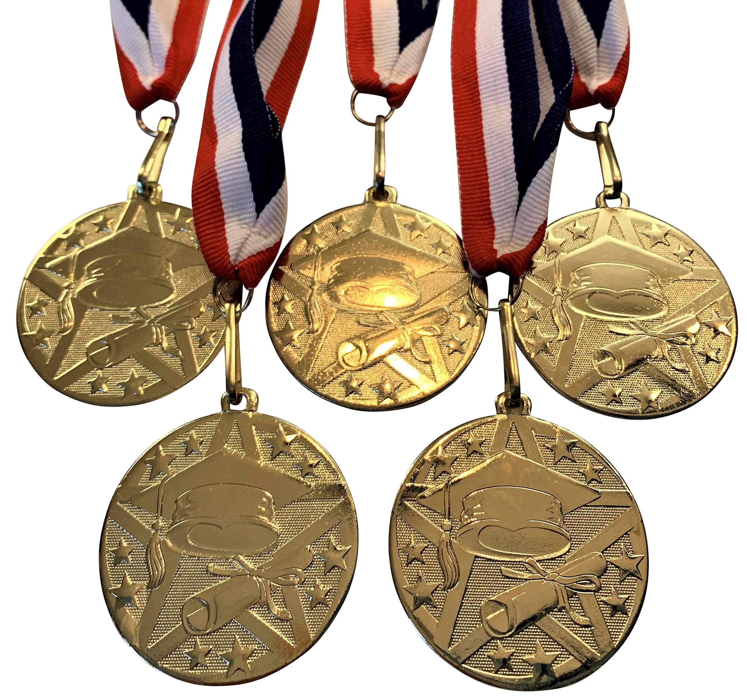 Express Medals 5-Pack 2 inch Diameter Die-Stamped Solid Metal Graduation Medal with a Detailed Bright Gold Color Finish, and a Red White and Blue Neck Ribbon.