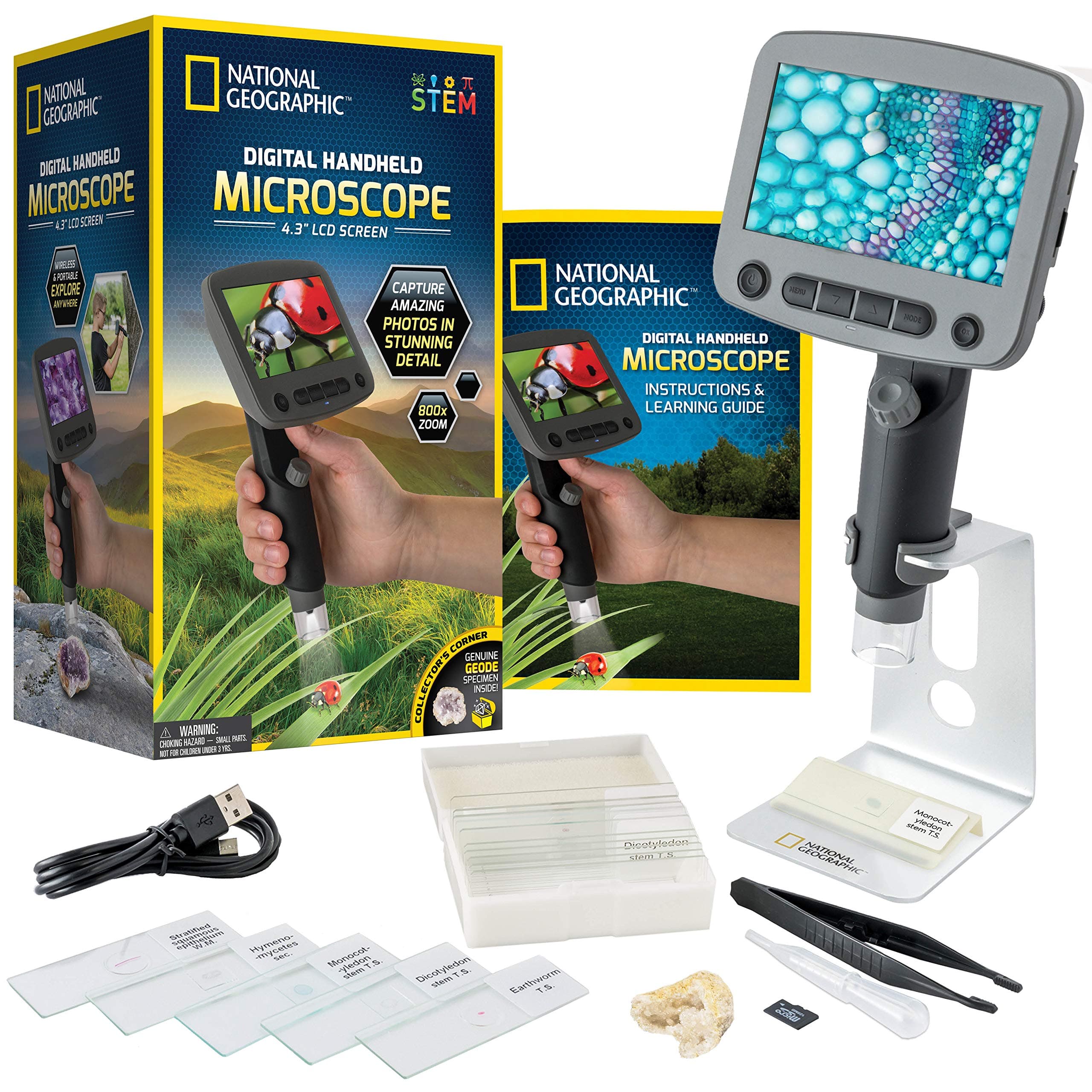 National Geographic Digital Microscope for Kids – 40-Piece Handheld Microscope, Lightweight, Portable, Capture 1080p Photos & Video on Micro SD Card, Tilting 4.3-Inch LCD Screen, 800x Magnification