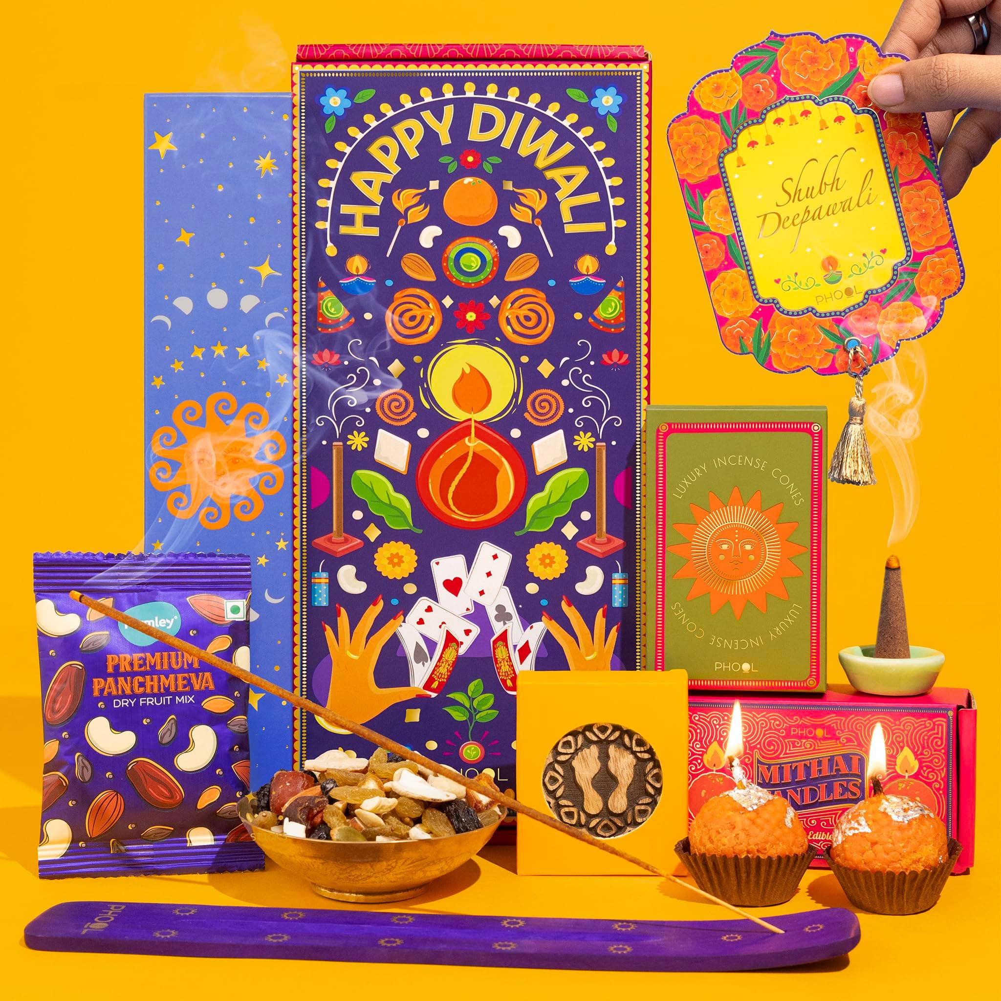 Phool Diwali Delight Gift Box | Premium Festive Hamper with Dry Fruits, Cones, Mithai Candles, Incense Sticks,Panchmeva, Wooden Laxmi Charan & Greeting Card | Diwali Gift for Family & Friends