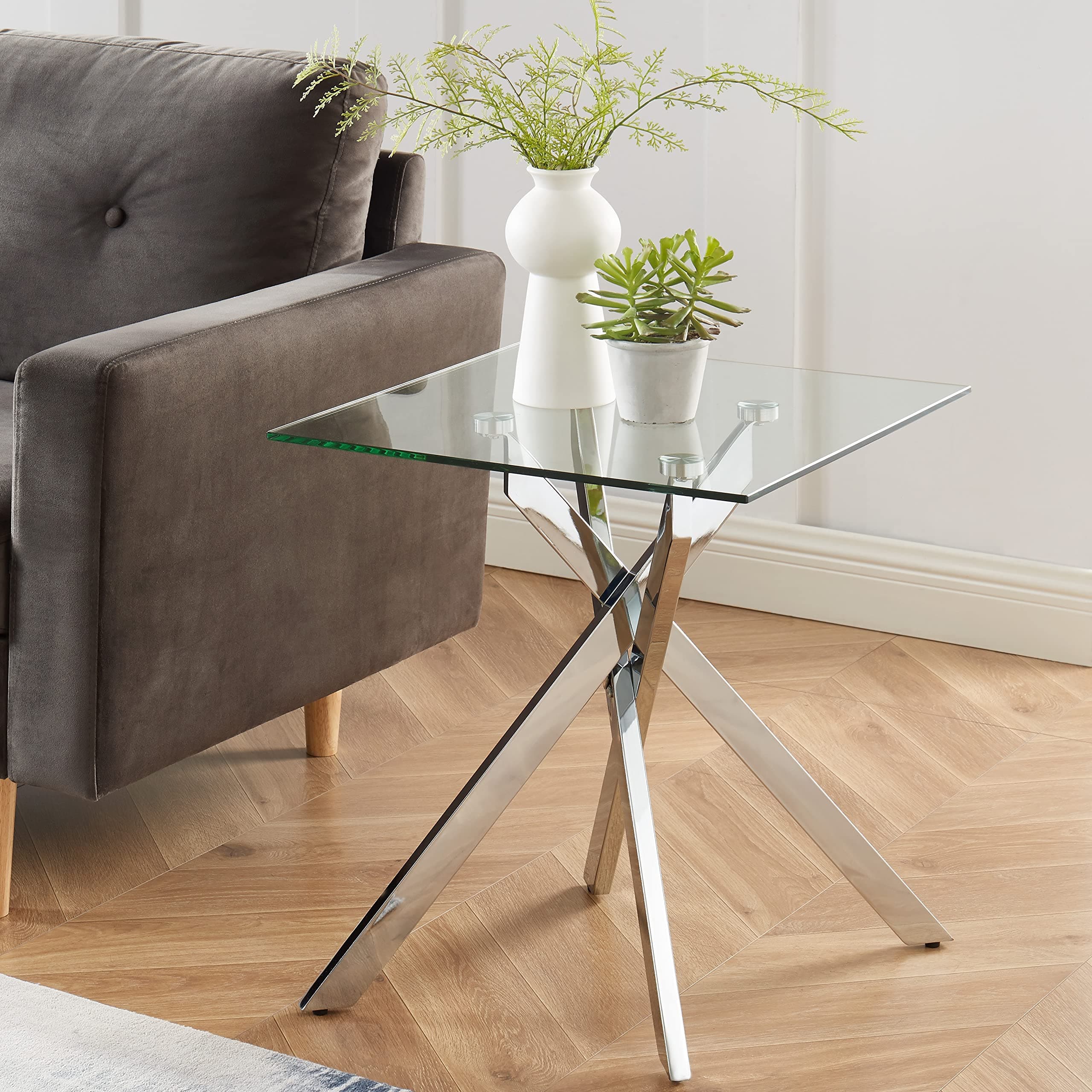 Modern Style Square Side Table with Tempered Glass Top and Metal Tubular Legs, Silver 20”Dx20”Wx22”H