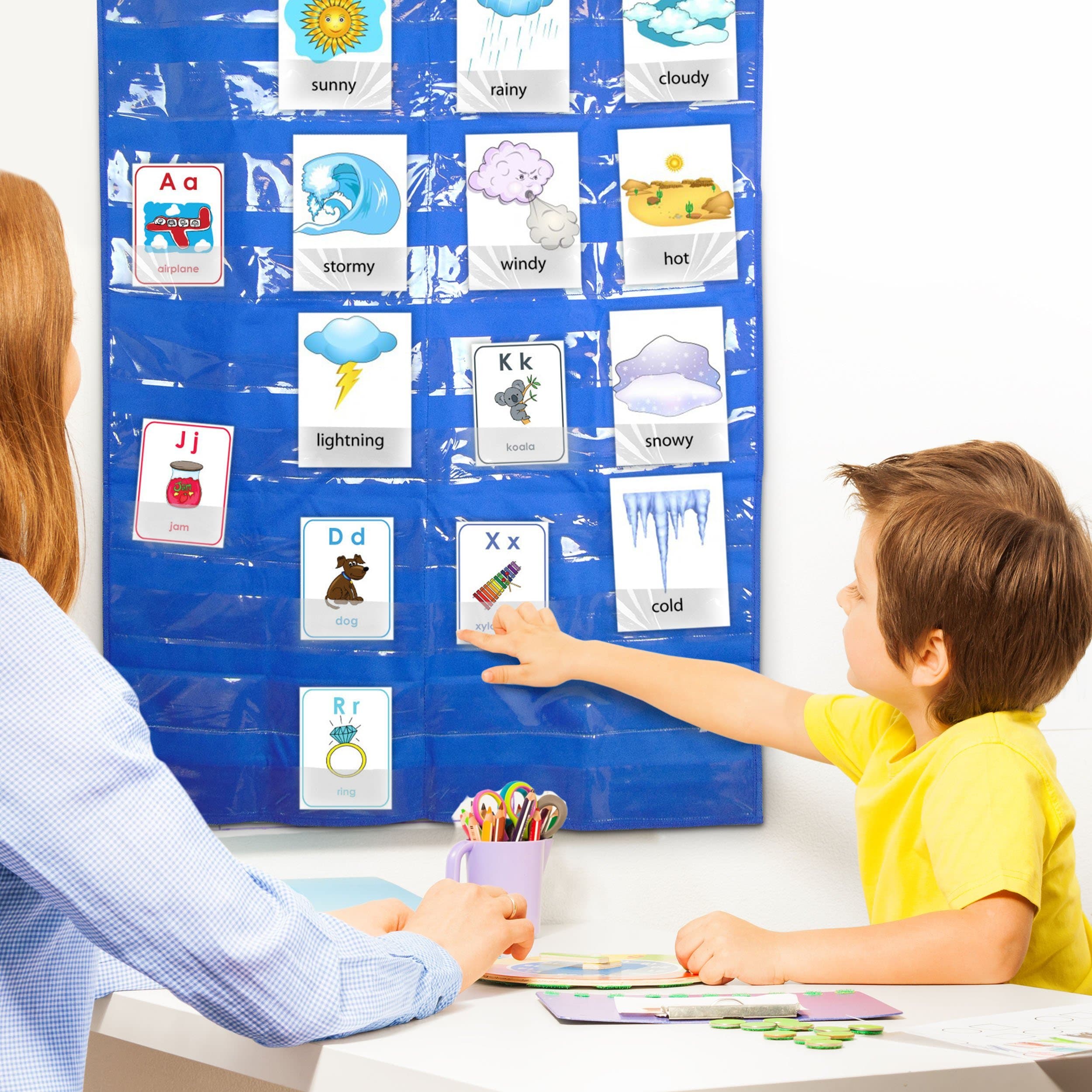 Yugen Classroom Standard Pocket Chart with Large Back Organizer for Sight and Flash Card Storage - Teacher or Homeschooling Teaching Aid