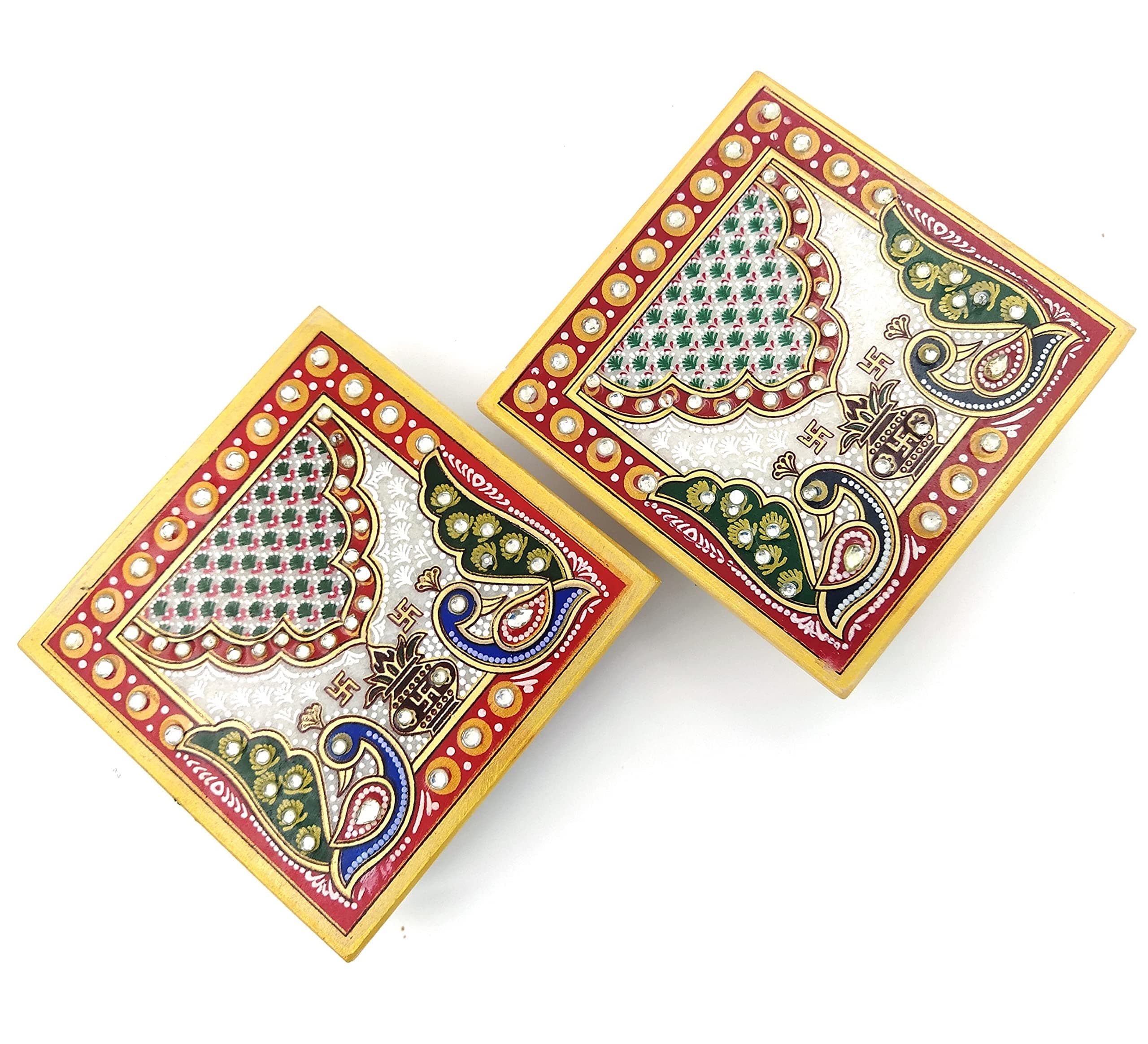 Mander ( Size: 4" X 4" Inch Small Marble Chowki For God | Handcrafted Peacock Design Square Shaped Mini Marble Chowki For Pooja, God, Idols And Home Decor (Pack of 2), White