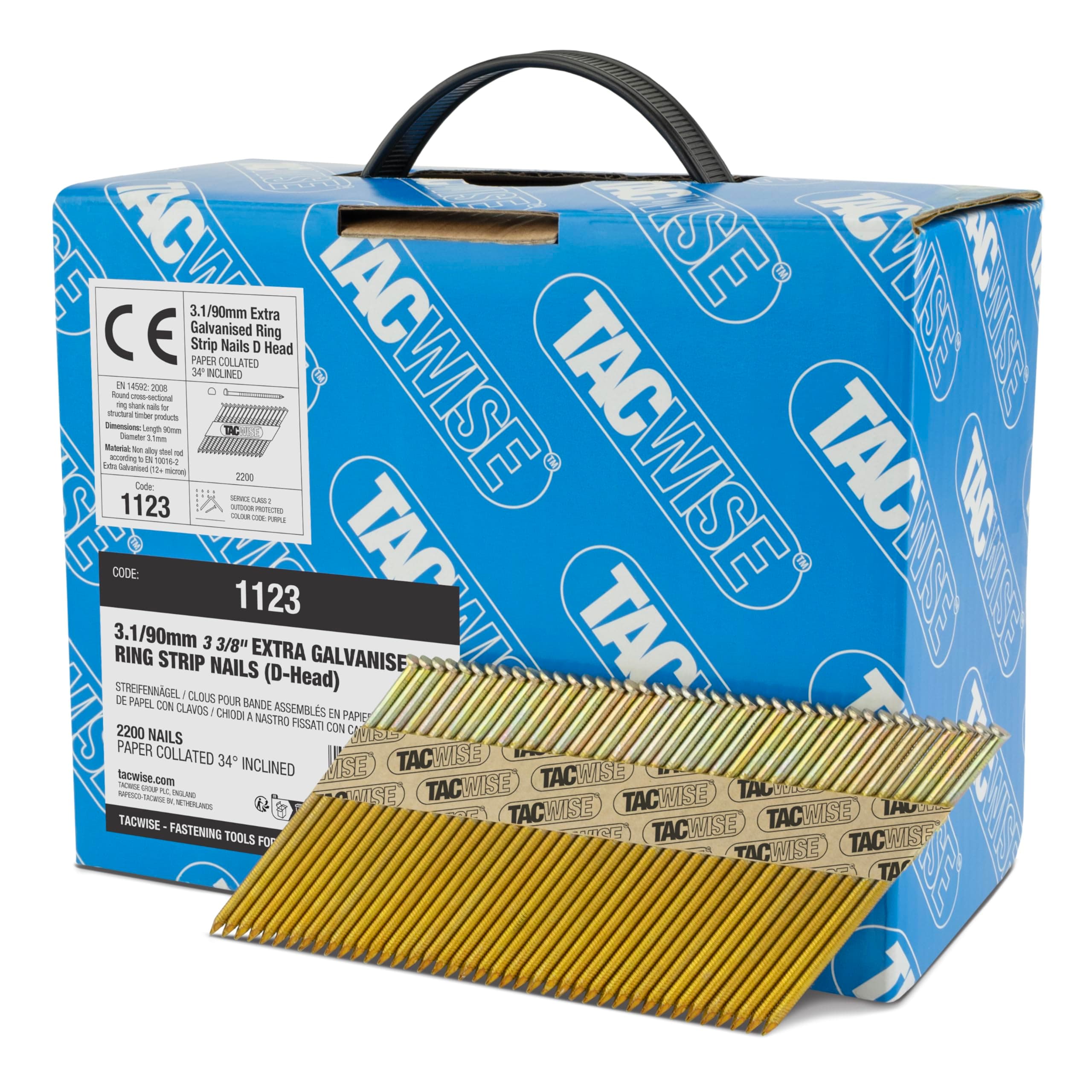 Tacwise 1123 3.1 / 90 mm Extra Galvanised Framing Nails, D Head, Ring Shank, 34° Inclined, Paper Collated, Pack of 2,200, Grey