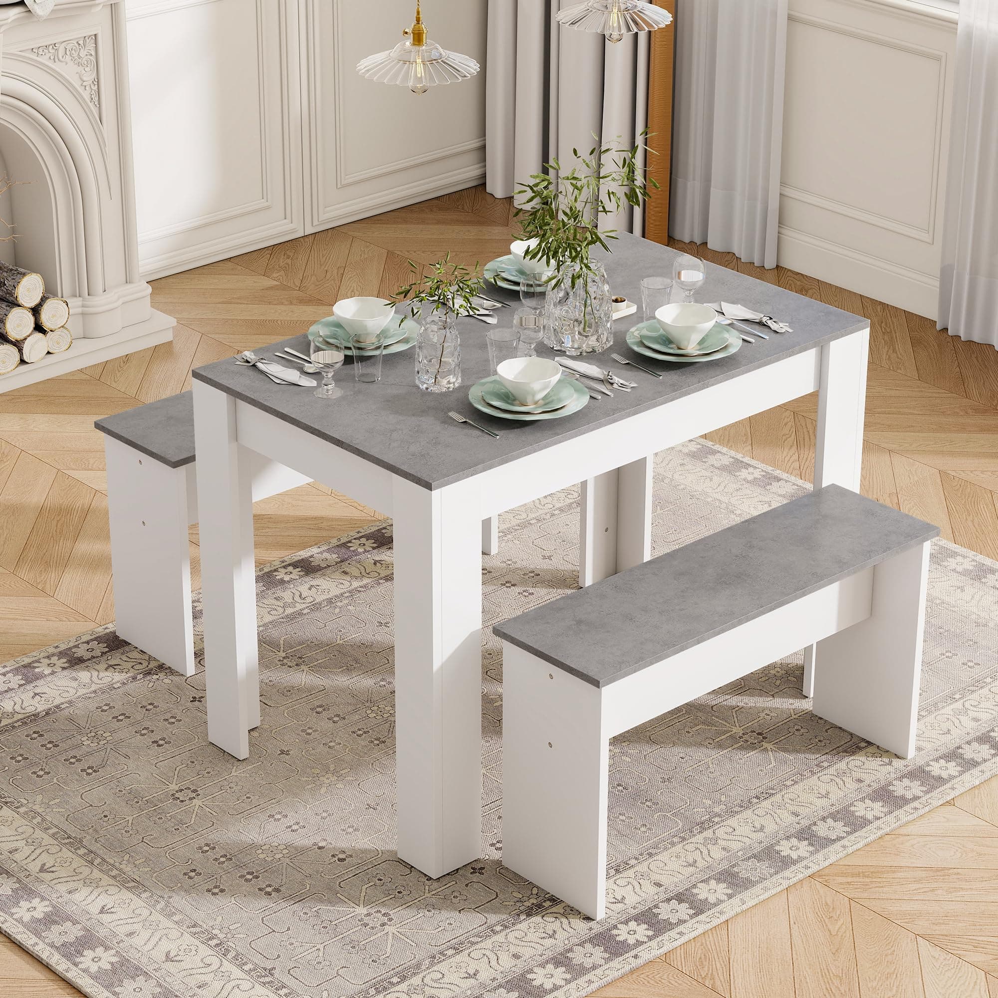 ModernLuxe Stylish Dining Table Set: Artificial Marble Dining Table with 2 Benches - Perfect for Kitchen, Dining Room, and Small Spaces - Grey and White