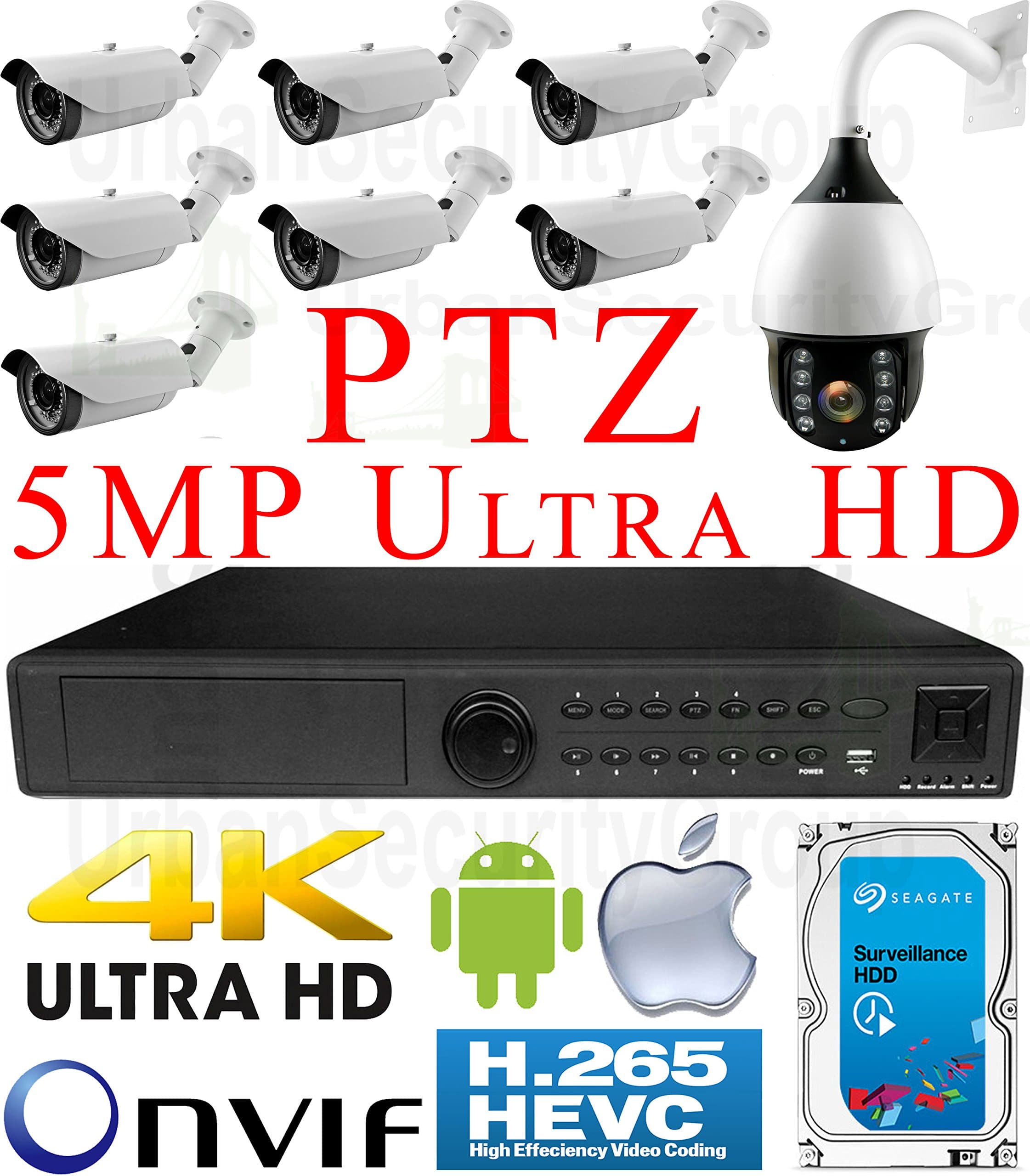USG H.265 5MP Ultra 4K 8 Camera Security System PoE IP PTZ CCTV Kit: 1x 24 Channel NVR + 7X 5MP IP PoE 2.8-12mm Lens Bullet Camera + 1x 4MP IP PTZ 4.7-94mm Lens + 1x 4TB HDD : Business Grade