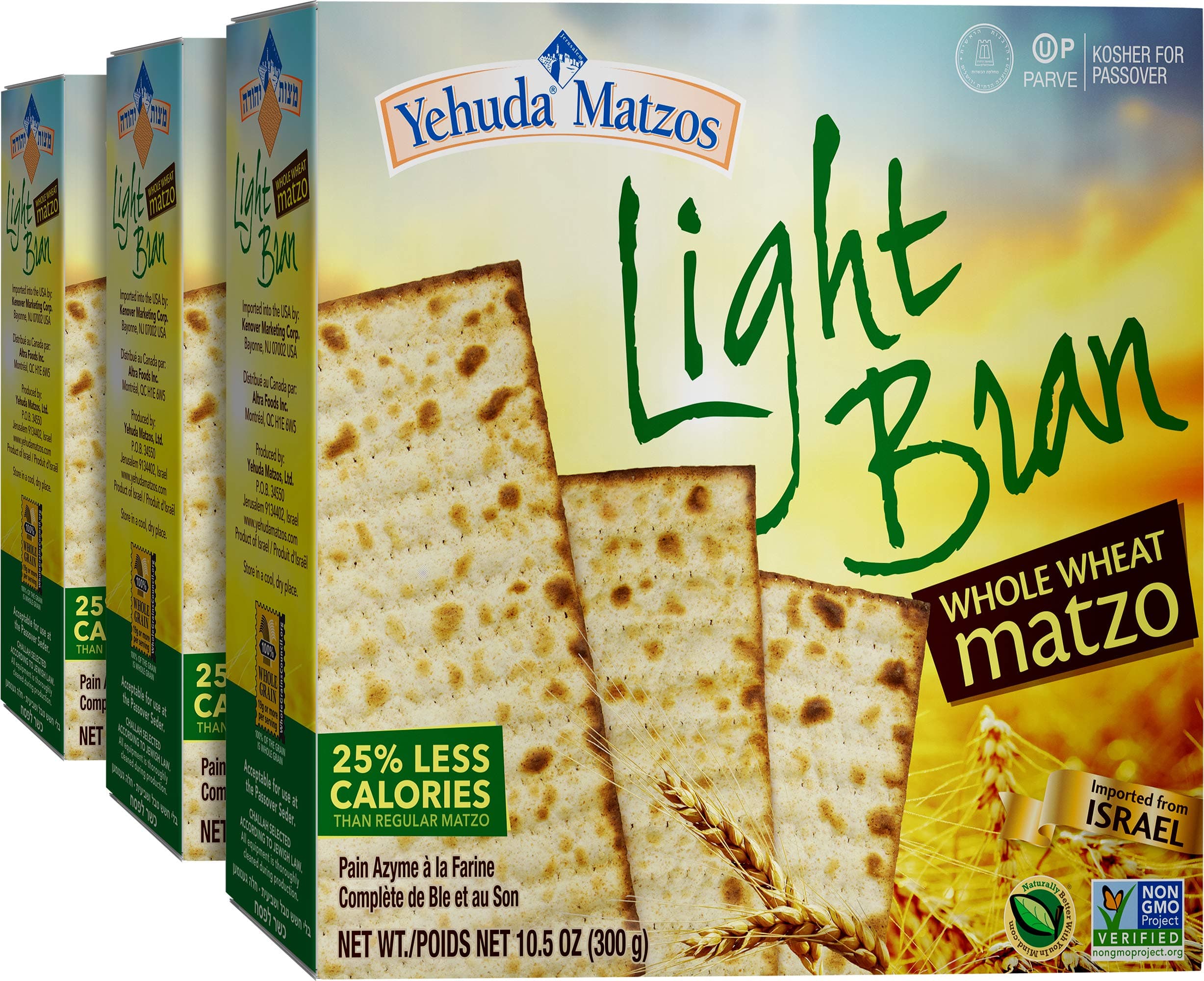 Yehuda Light Whole Wheat Bran Matzo 10.5oz (3 Pack) 4 Grams of Fiber Per Serving | Non GMO | Certified Kosher (Including Passover)