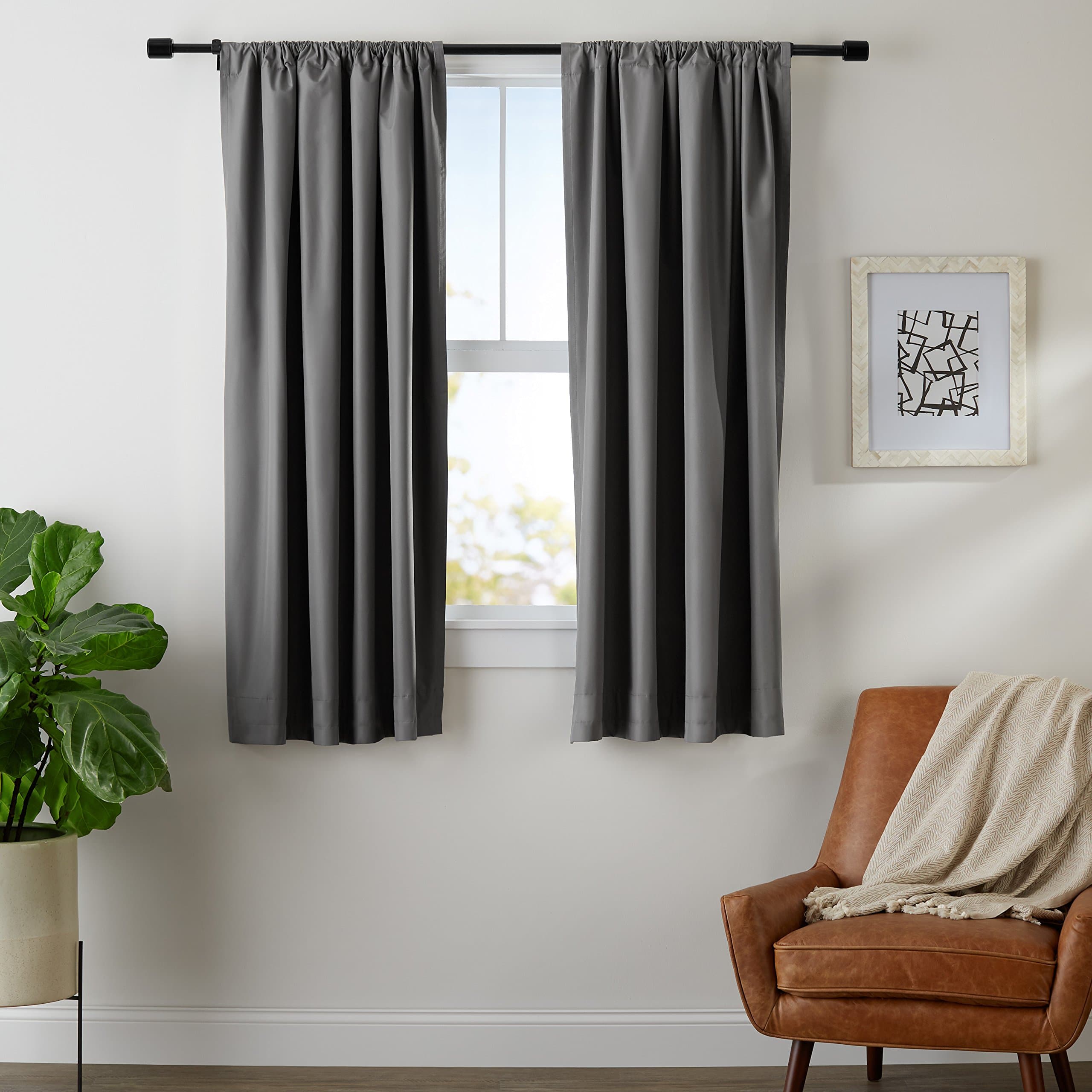 Amazon Basics Room Darkening Blackout Window Curtain with Rod Pocket and Tie Back, 42 x 63 Inches, Dark Gray - Set of 2