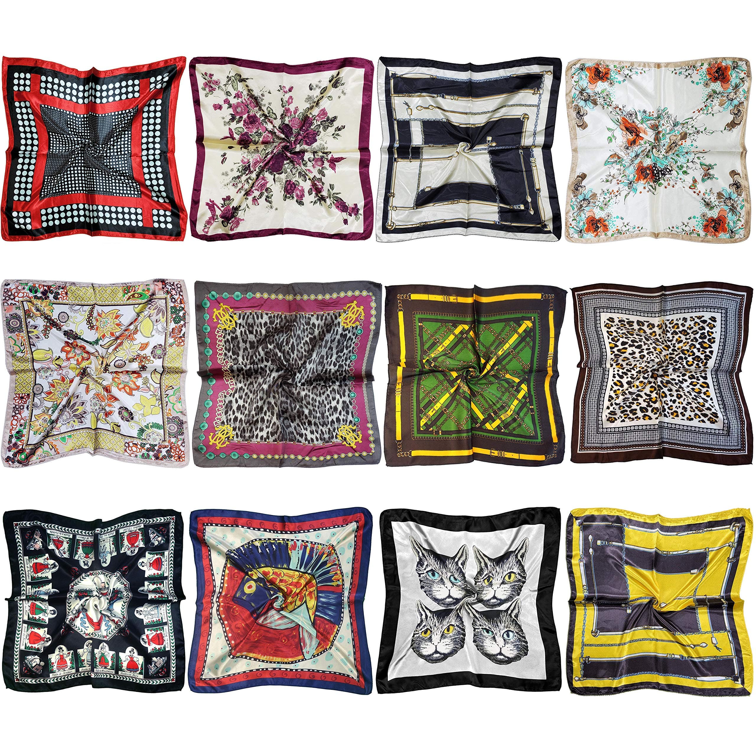 12 Set Mixed Designs Small Square Satin Womens Neck Head Scarf Scarves Bundle