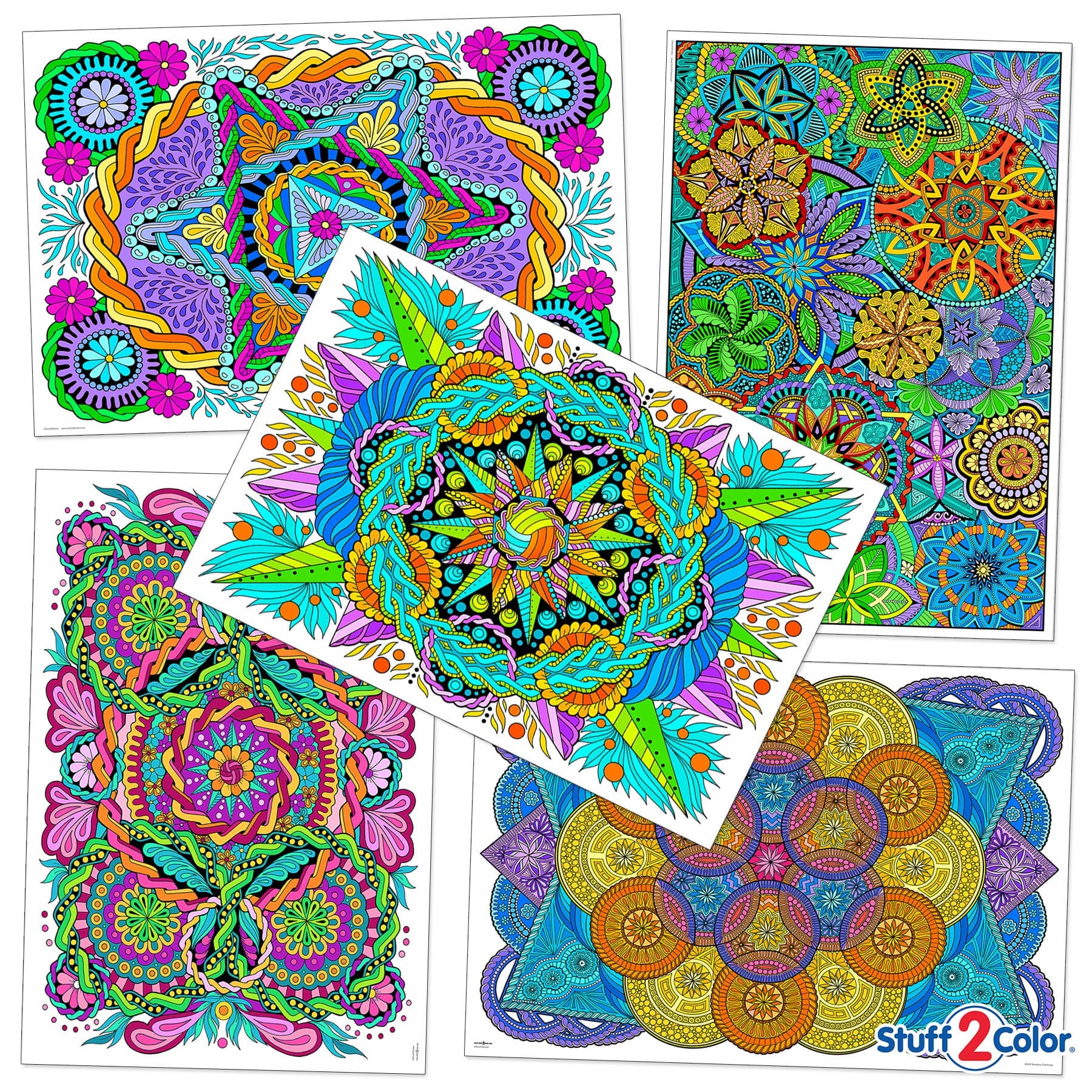 Mandala Wow Pack (5 Giant Coloring Poster Bundle) - Great for At Home Family Time, Adults, Kids, Classrooms, Care Facilities and Group Activities - Super Challenging and Detailed Coloring Posters