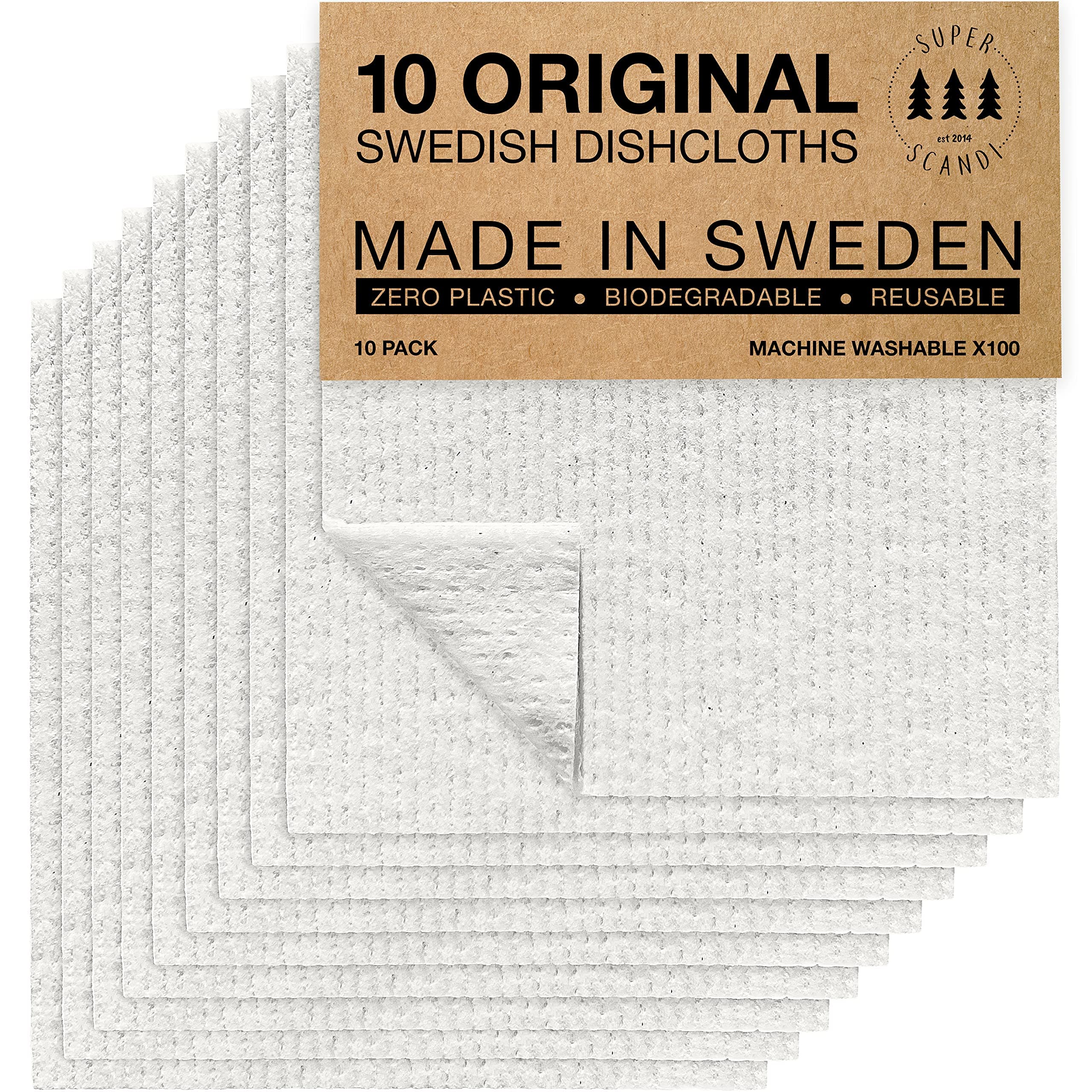 10 Pack Swedish Dishcloths for Kitchen - 100% Biodegradable & Compostable Reusable Paper Towels Washable, Food-Safe & Without Plastic - Dish Rags Suitable for Any Surface, White