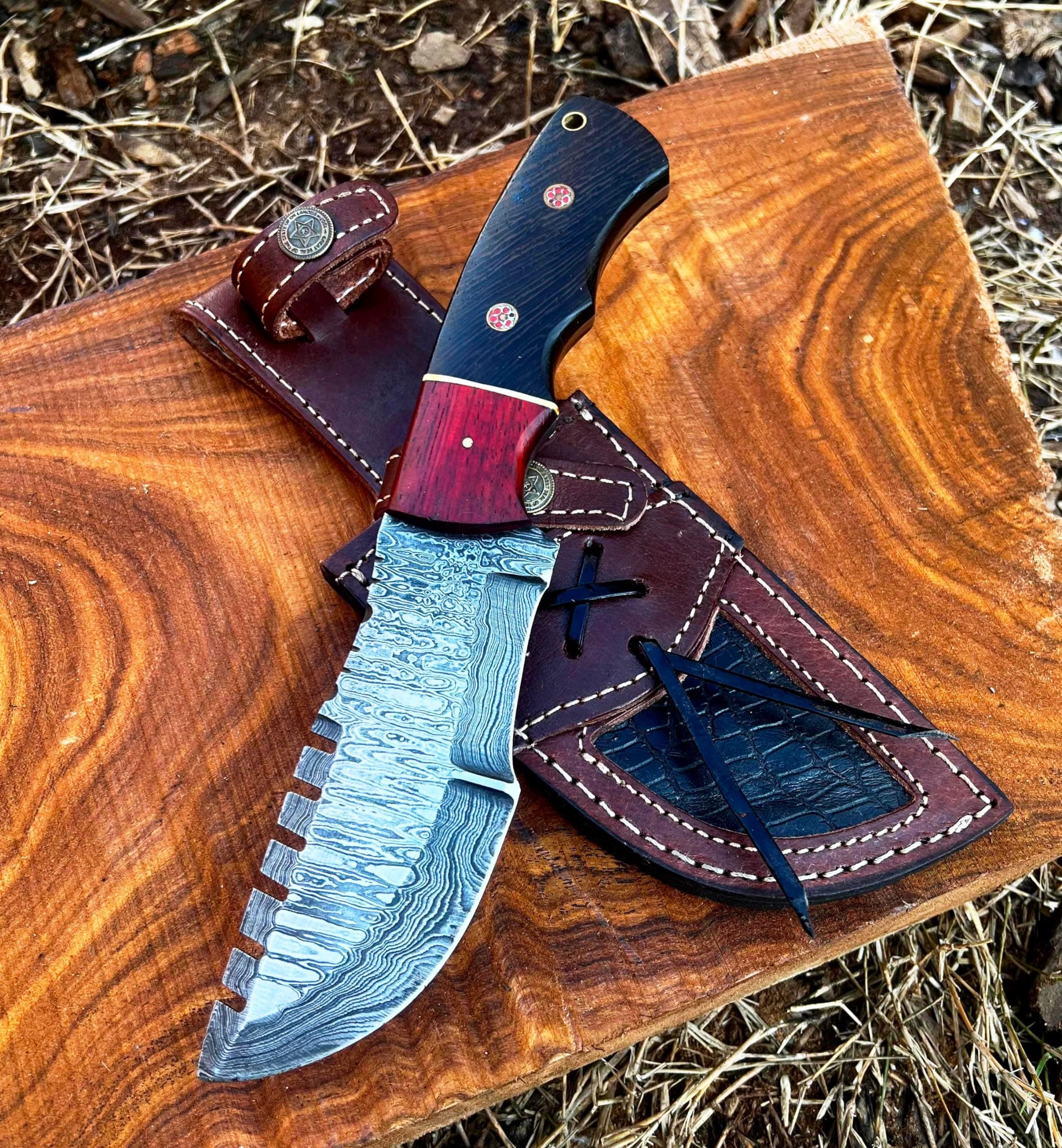 Custom Handmade Damascus Hunting Knife,10"Fixed Blade Tracker Knife with Horizontal Carry Sheath,Real Damascus Steel Knives with Red Padauk-wenge Wood Handle,EDC Full Tang Knives for men women, Adventure,Survival,Hiking,Camping,Gifts for Men Women