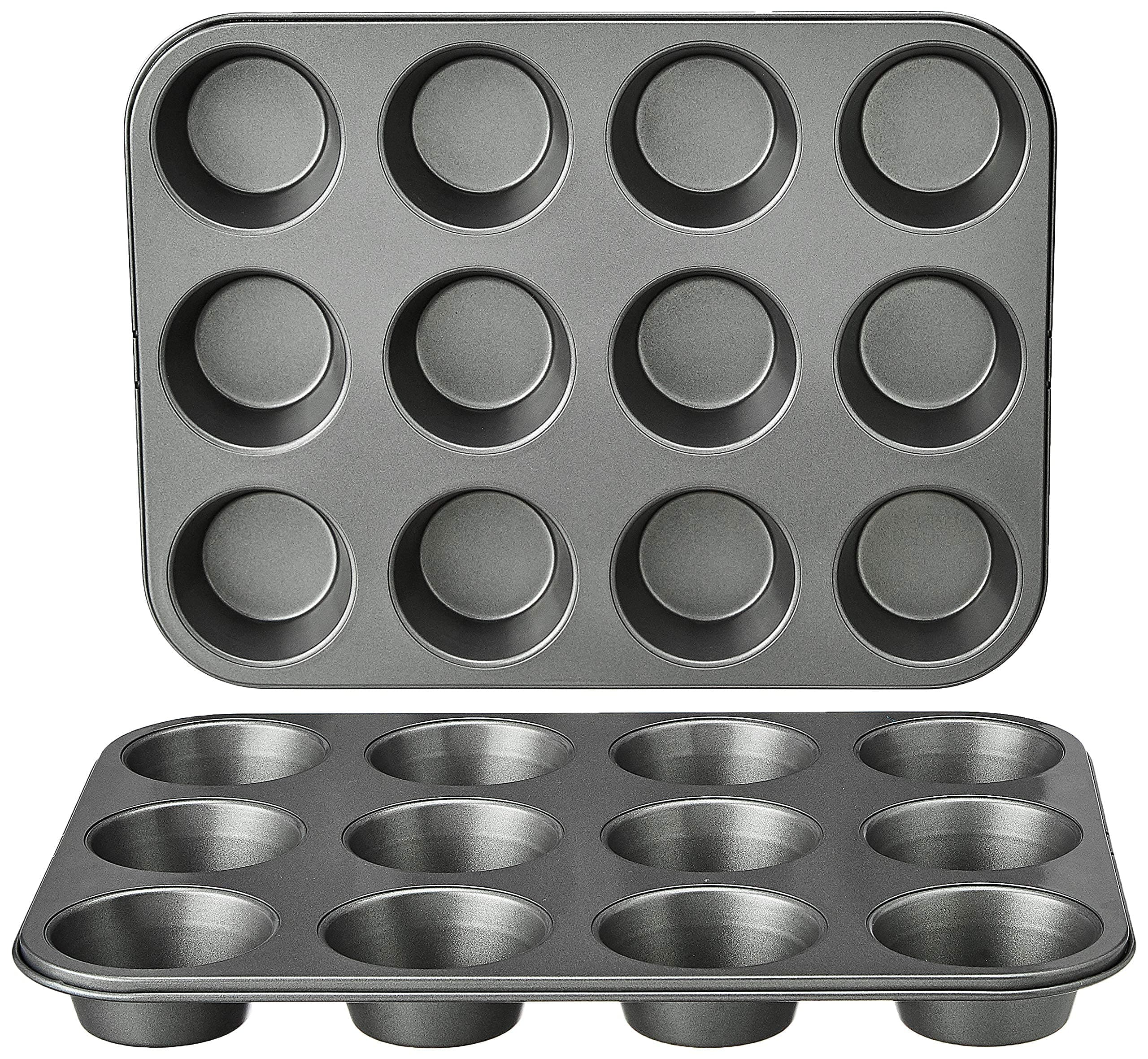 Amazon Basics Nonstick Round Carbon Steel Muffin Pan, 2-Pack, Grey, 13.9x10.55x1.22"