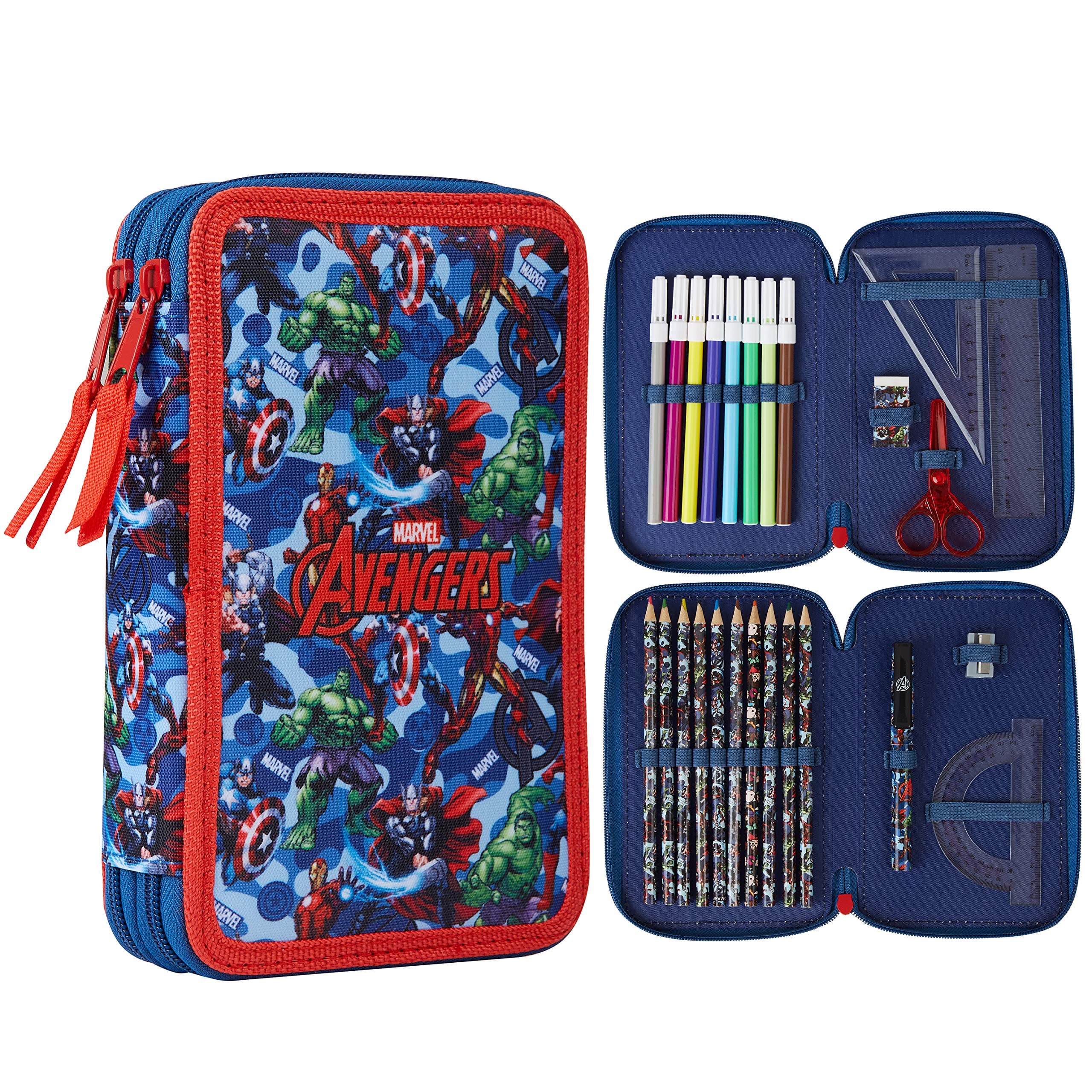 Marvel Boy's Pencil Case, Pencil Case with Compartments Filled School Supplies, Felt, Coloured Pencil, Spiderman Avengers Back to School Gift