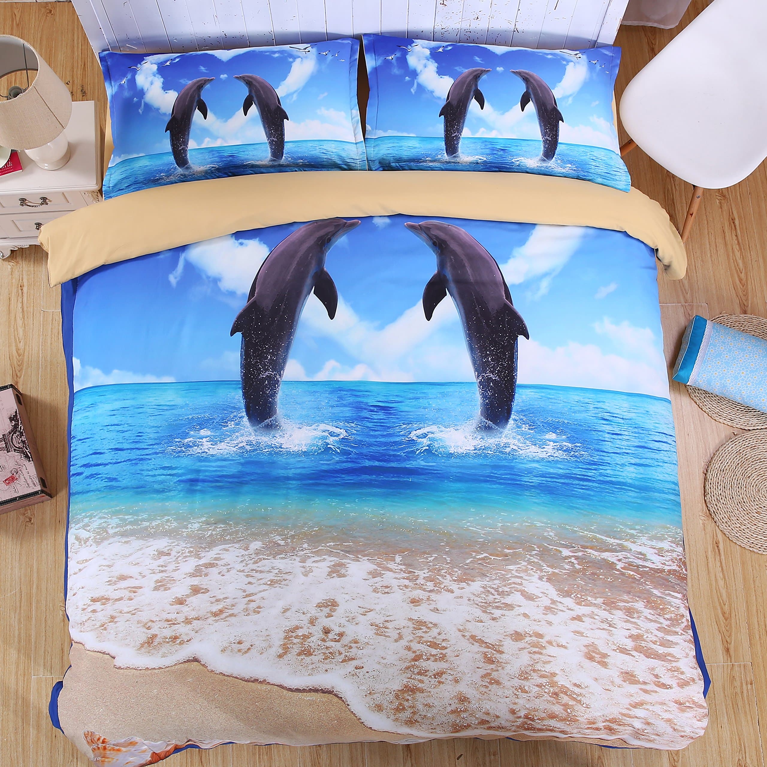 SECKATECH King Size Soft Microfiber 4-Pieces Duvet Cover Sets, 3D Dolphin Lovers Style.Duvet Cover & Flat Sheet & 2 Pillowcases. (King Size)