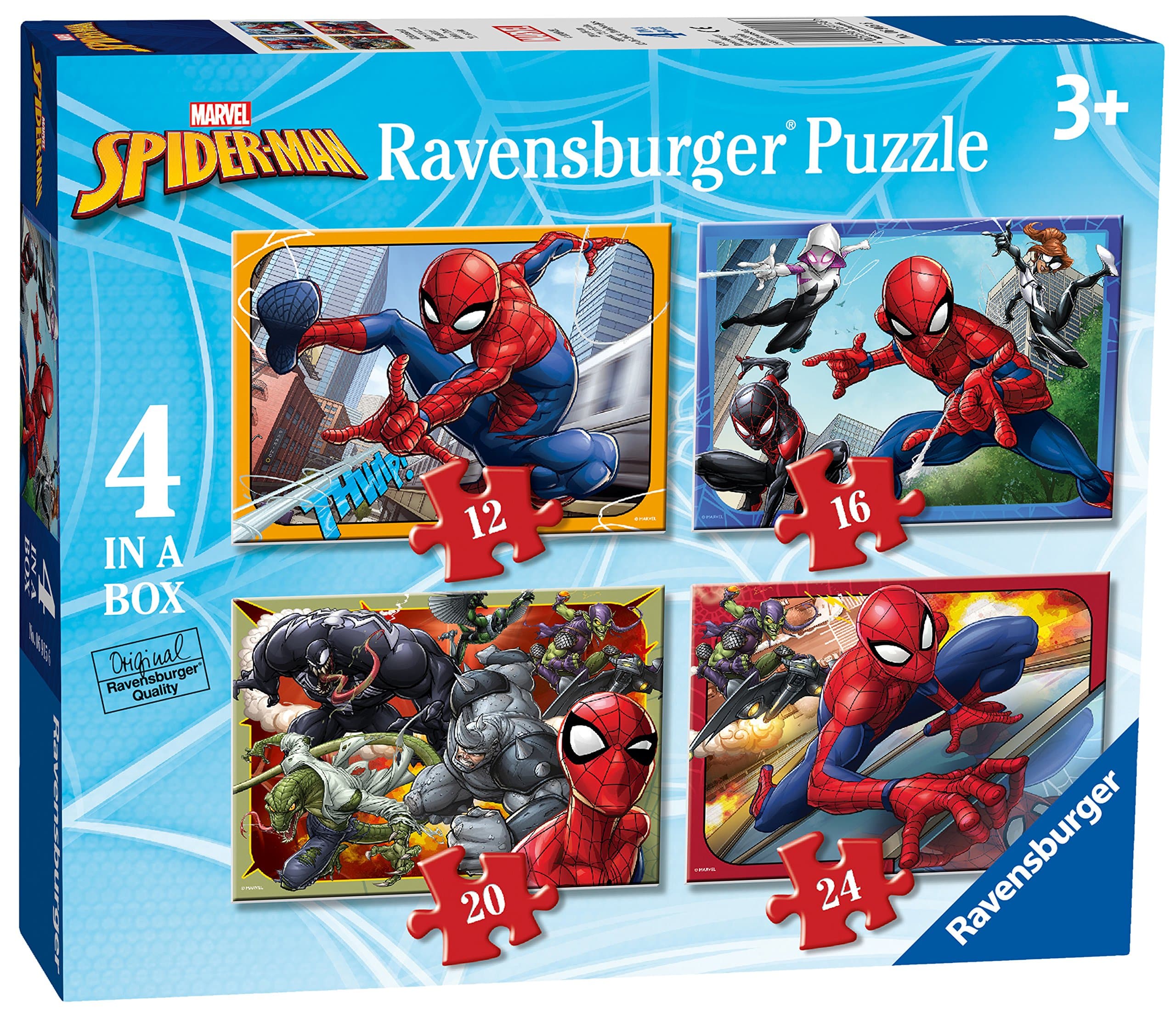Marvel Spider-Man 4-in-a-Box Jigsaw Puzzles for Kids Age 3+ – 12/16/20/24 Piece Puzzle Set, Preschool Activity Toy, Birthday Gift for Boys & Girls