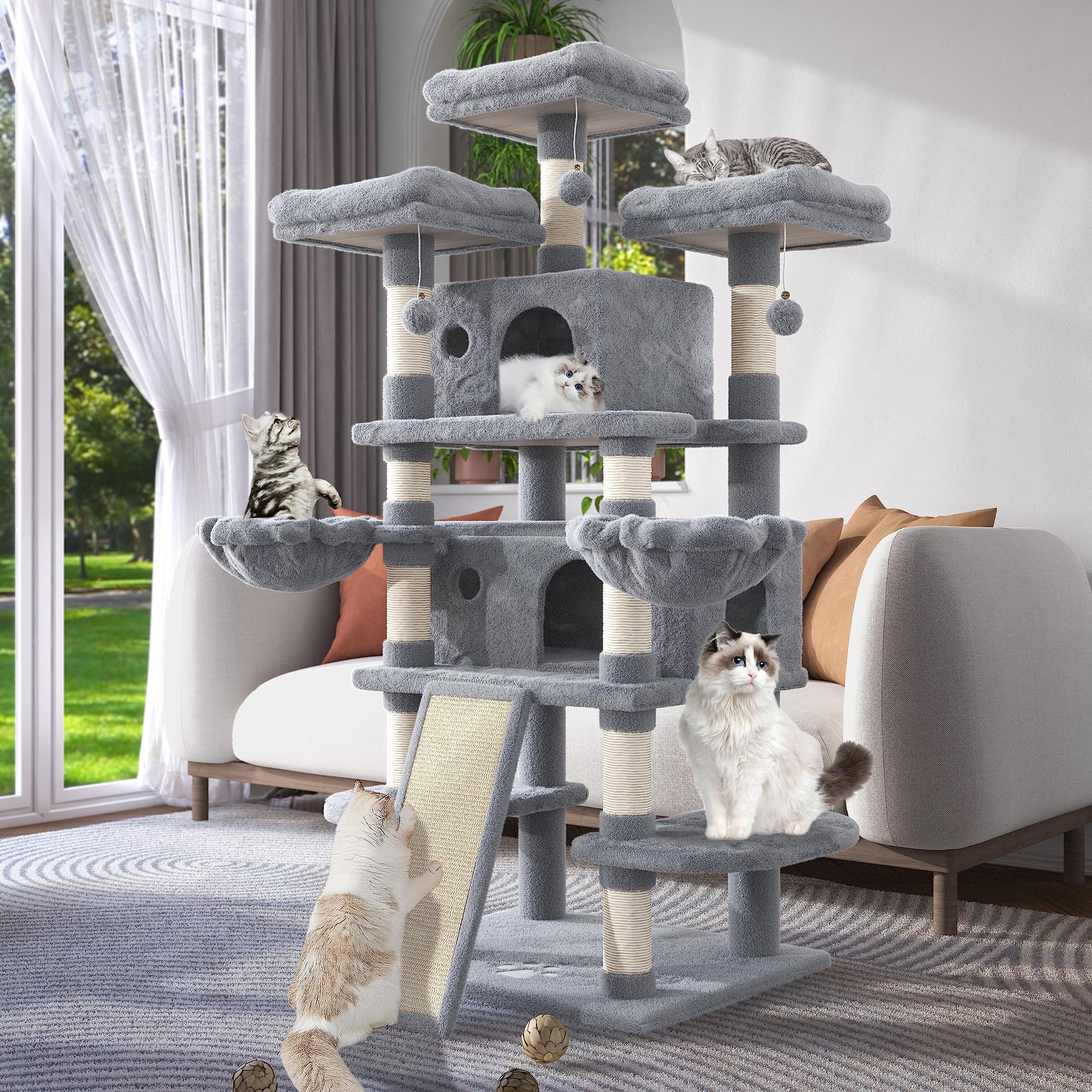 WEEWAY 68 Inches Multi-Level Large Cat Tree for Feline/Big Tower/Condo/Cozy Plush Kitty Perches/Fluffy Balls/Sisal Scratching Posts and Hammocks/Cave/Furniture Activity Center/Grey