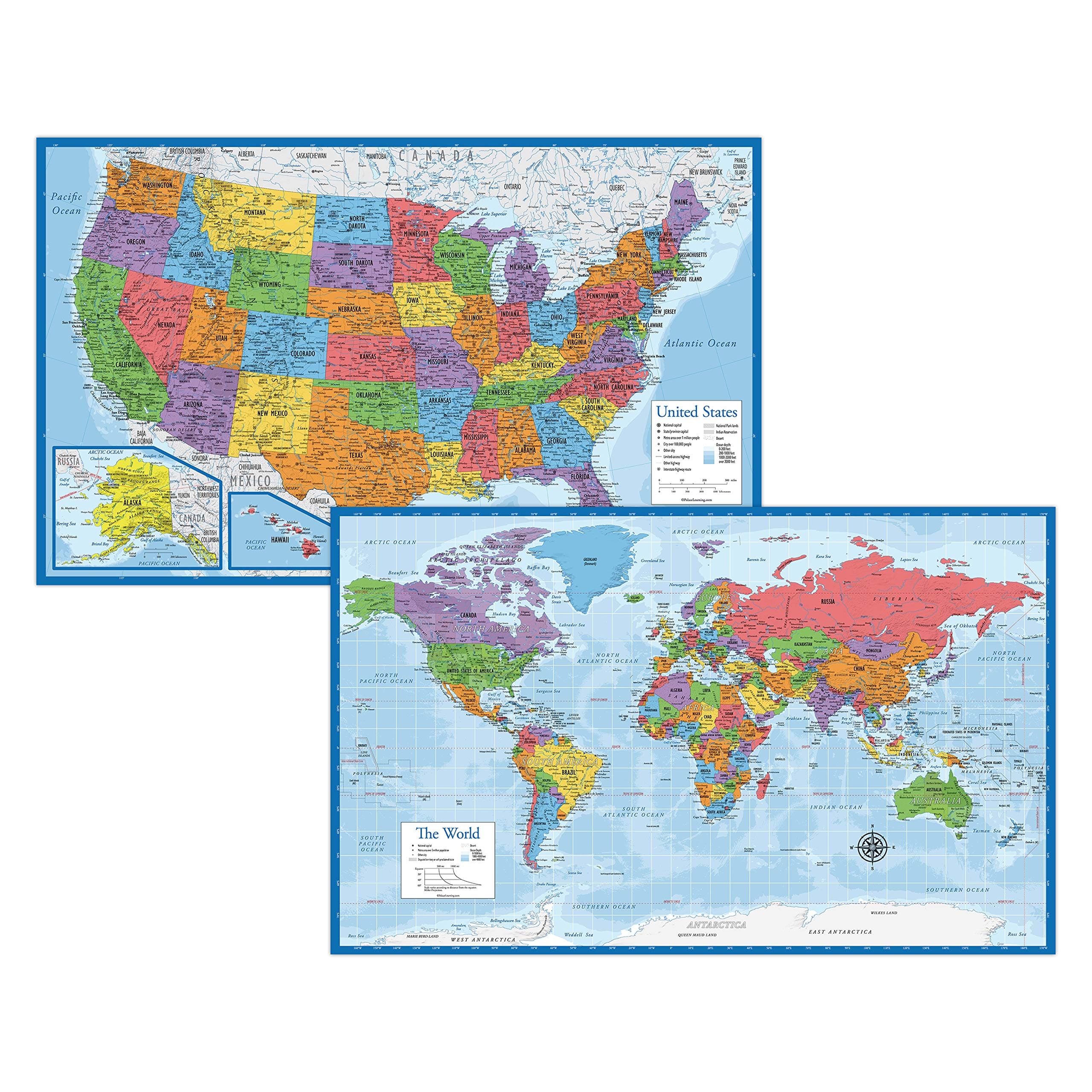Laminated World Map & US Map Poster Set - 18" x 29" - Wall Chart Maps of the World & United States - Made in the USA - Updated for 2021 (LAMINATED, 18" x 29")