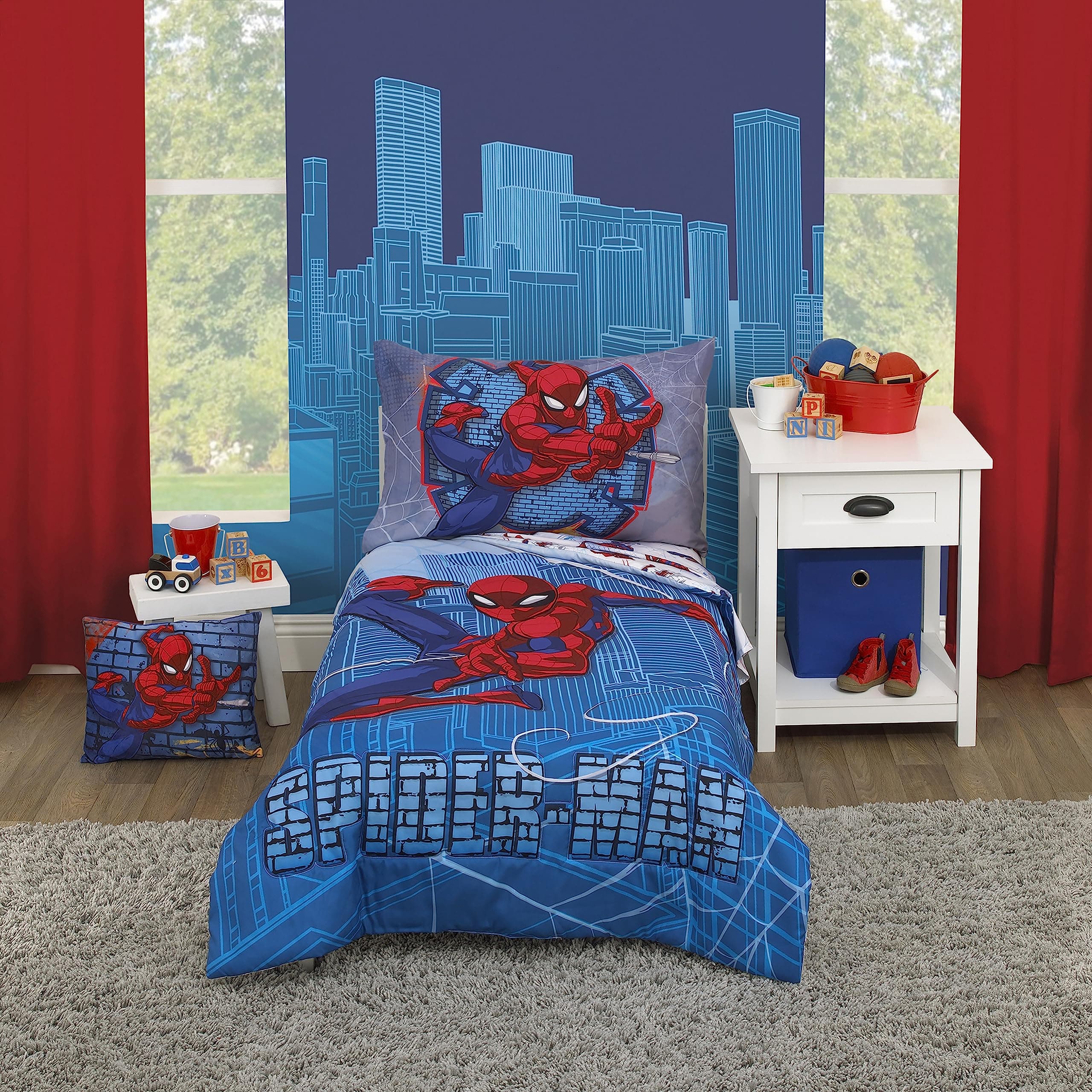 Marvel Spiderman Wall Crawler Red, White, and Blue Spider Webs 4 Piece Toddler Bed Set - Comforter, Fitted Bottom Sheet, Flat Top Sheet, and Reversible Pillowcase